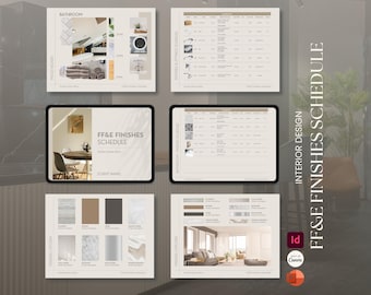 Modèle de nomenclature de meubles, de finitions et d'accessoires de décoration d'intérieur modifiable avec Canva, Powerpoint, InDesign | Moodboard, Meubles, FF&E