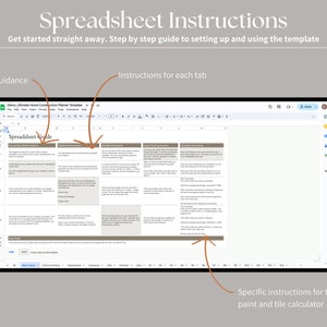 Puede incluir: Una captura de pantalla de una hoja de c&aacute;lculo con instrucciones para usar una plantilla de planificador de construcci&oacute;n de viviendas. La hoja de c&aacute;lculo tiene pesta&ntilde;as para orientaci&oacute;n general, descripci&oacute;n general del tablero, descripci&oacute;n general del cronograma y descripci&oacute;n general de los c&aacute;lculos. La imagen tambi&eacute;n incluye una secci&oacute;n con instrucciones espec&iacute;ficas para la calculadora de pintura y azulejos.