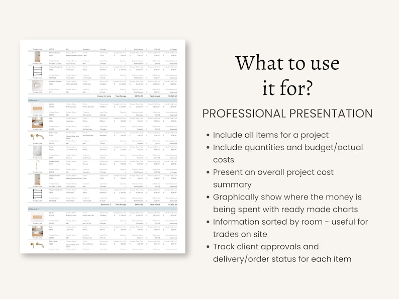 Interior Design Product Specification Schedule With Budget Comparison ...