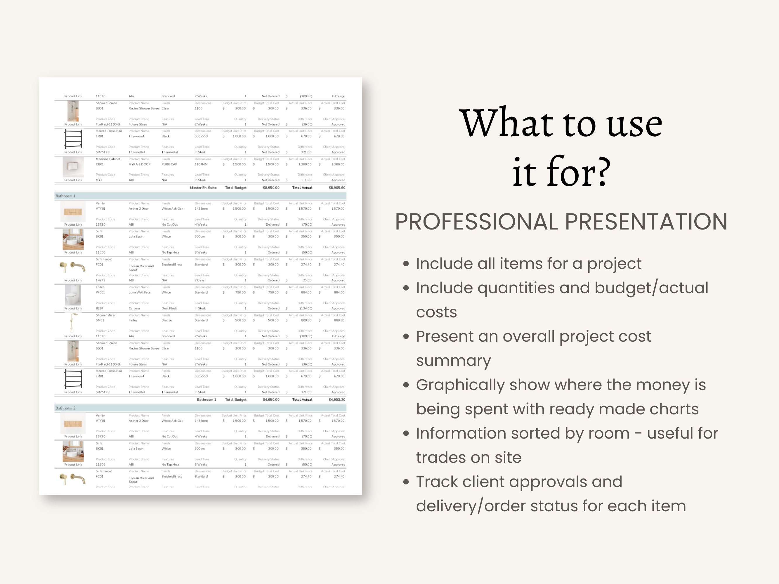 Interior Design Product Specification Schedule With Budget Comparison ...