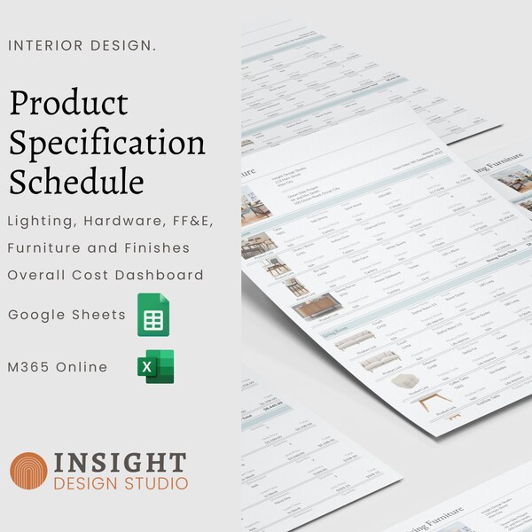 Modèle de spécification de produit Google Sheets de design d'intérieur, calendrier des finitions, calendrier FF&E, calendrier des meubles, spécification de conception électronique