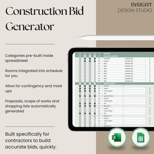 May include: A digital Construction Bid Generator spreadsheet displayed on a tablet screen with a stylus. The interface features pre-built categories, room schedules, and automated proposal generation tools for contractors, with Excel and sheet icons.