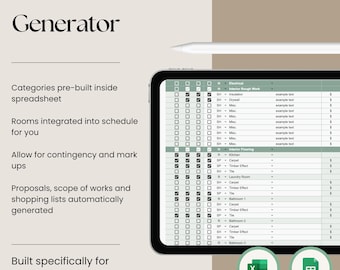 May include: A digital Construction Bid Generator spreadsheet displayed on a tablet screen with a stylus. The interface features pre-built categories, room schedules, and automated proposal generation tools for contractors, with Excel and sheet icons.