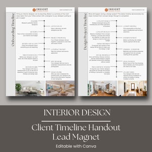 May include: A timeline handout for interior design clients, outlining the steps involved in the design process. The handout includes two timelines: "Onboarding Timeline" and "Design Project Timeline". Each timeline lists key milestones and deliverables, such as initial consultations, design concepts, and final drawings.