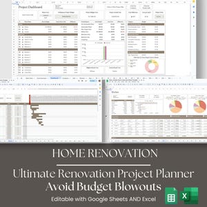 Könnte beinhalten: Ein Screenshot einer Google Sheet-Tabellenvorlage für die Planung von Renovierungsprojekten im Haus. Die Tabelle enthält Abschnitte für das Projekt-Dashboard, den Projektplaner und die Küche. Die Vorlage soll Benutzern helfen, Budgetüberschreitungen zu vermeiden. Der Text "HOME RENOVATION Ultimate Renovation Project Planner Avoid Budget Blowouts Editable with Google Sheets AND Excel" wird am unteren Rand des Bildes angezeigt.