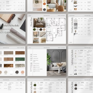 Plantilla de diseño de interiores FFE Acabados, mobiliario, herrajes y accesorios, plantilla de Canva, con tablero de estado de ánimo, tablero de materiales