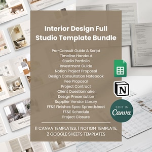 May include: A collection of interior design studio templates for Canva, Notion, and Google Sheets. The templates include a pre-consult guide, timeline handout, studio portfolio, investment guide, project proposal, consultation notebook, fee proposal, project contract, client questionnaire, design presentation, supplier vendor library, FF&E finishes spec spreadsheet, FF&E schedule, and project closure.