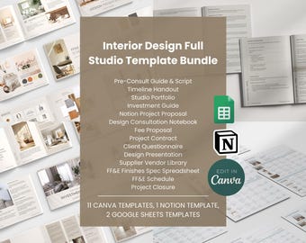 Plus de 190 pages - Ensemble complet de packs de démarrage pour Studio de décoration d'intérieur - 14 modèles - Canva - Feuilles de calcul Google - Excel - Proposition payante - Présentation