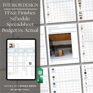 May include: A digital spreadsheet template for interior design projects. The template is designed to track FF&E finishes, schedule, and budget versus actual costs. The template is editable with Google Sheets and is in US Letter format.