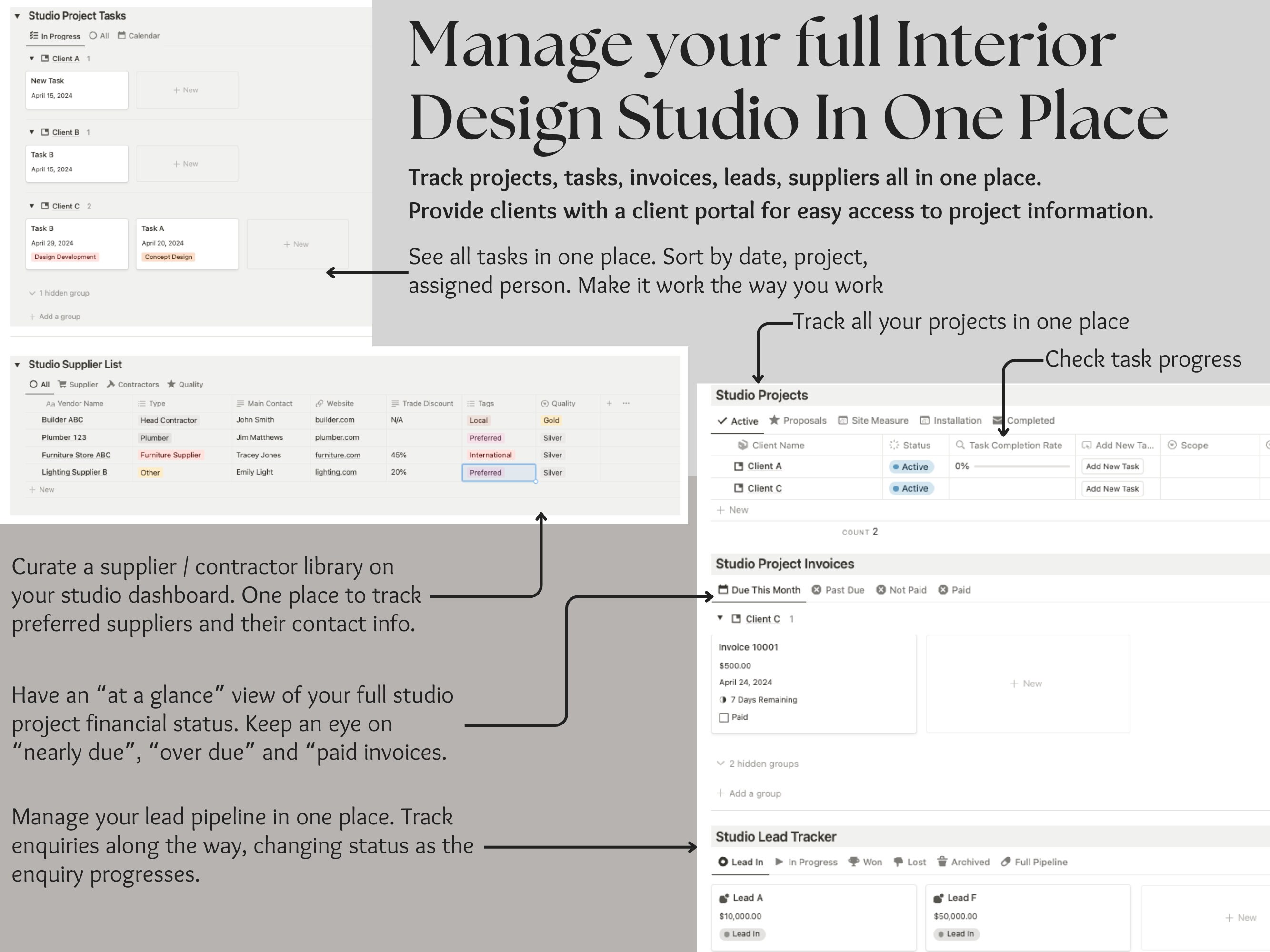 Interior Design Studio Management System - Notion Template - Vendor ...