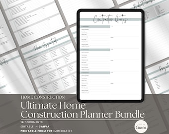 May include: A digital home construction planner bundle with 14 documents. The image shows a tablet displaying a "Contractor Quotes" form, surrounded by printed planning sheets. The text includes "Room Essentials" and "Ultimate Home Construction Planner Bundle."
