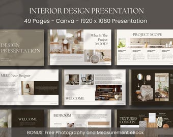 Présentation du design pour les architectes d'intérieur - moodboards, listes de courses, sélection des matériaux, finitions du tableau Canva Odessa Collection