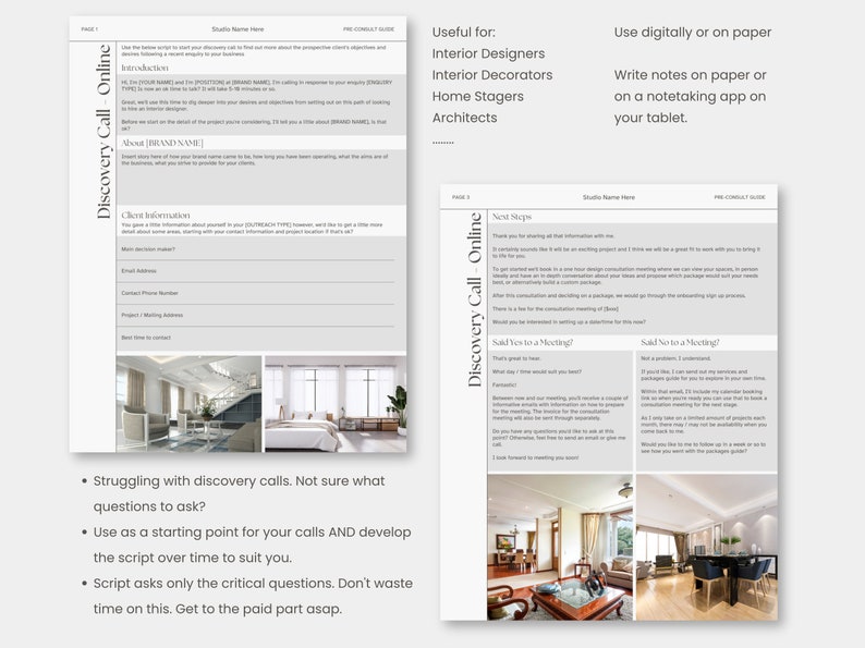 Interior Design Template Discovery Call Pre-consultation Call Script ...