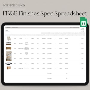 Puede incluir: Una hoja de cálculo para diseño de interiores que presenta una lista de artículos de mobiliario con sus códigos, descripciones, colores, tamaños, plazos de entrega, cantidades, proveedores, enlaces, costes unitarios y costes totales correspondientes.