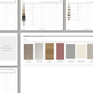 May include: A materials and finishes schedule for a home design project. The schedule includes a variety of materials, including flooring, rugs, paint, and fabric. The materials are shown in a grid format, with each material represented by a small sample.