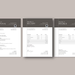 Pode incluir: Três modelos de proposta de projeto, recibo e fatura em cinza e branco com um ícone de árvore. Os modelos incluem seções para a descrição do projeto, o escopo do trabalho, as informações de pagamento e os detalhes de contato.