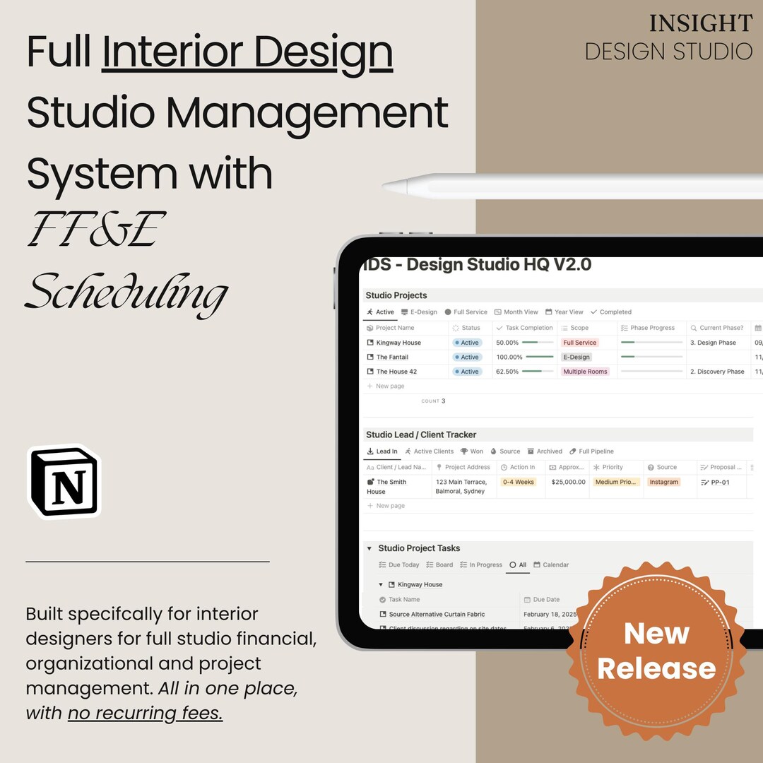Interior Design Studio Notion Template, Client Project Tracker, FF&E ...