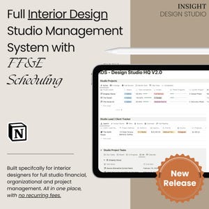 May include: A screenshot of a computer screen showing a software program for interior design studios. The program is called "MDS - Design Studio HQ V2.0" and features tabs for Studio Projects, Studio Lead/Client Tracker, and Studio Project Tasks. The screen is surrounded by a white background with the text "Full Interior Design Studio Management System with FF&E Scheduling" and "INSIGHT DESIGN STUDIO" at the top. A red circle with the text "New Release" is in the lower right corner.