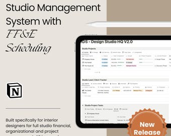 Modèle de notion de studio de design d'intérieur, suivi du projet client, calendrier FF&E, tâches, calendrier, factures, portail client pour les designers