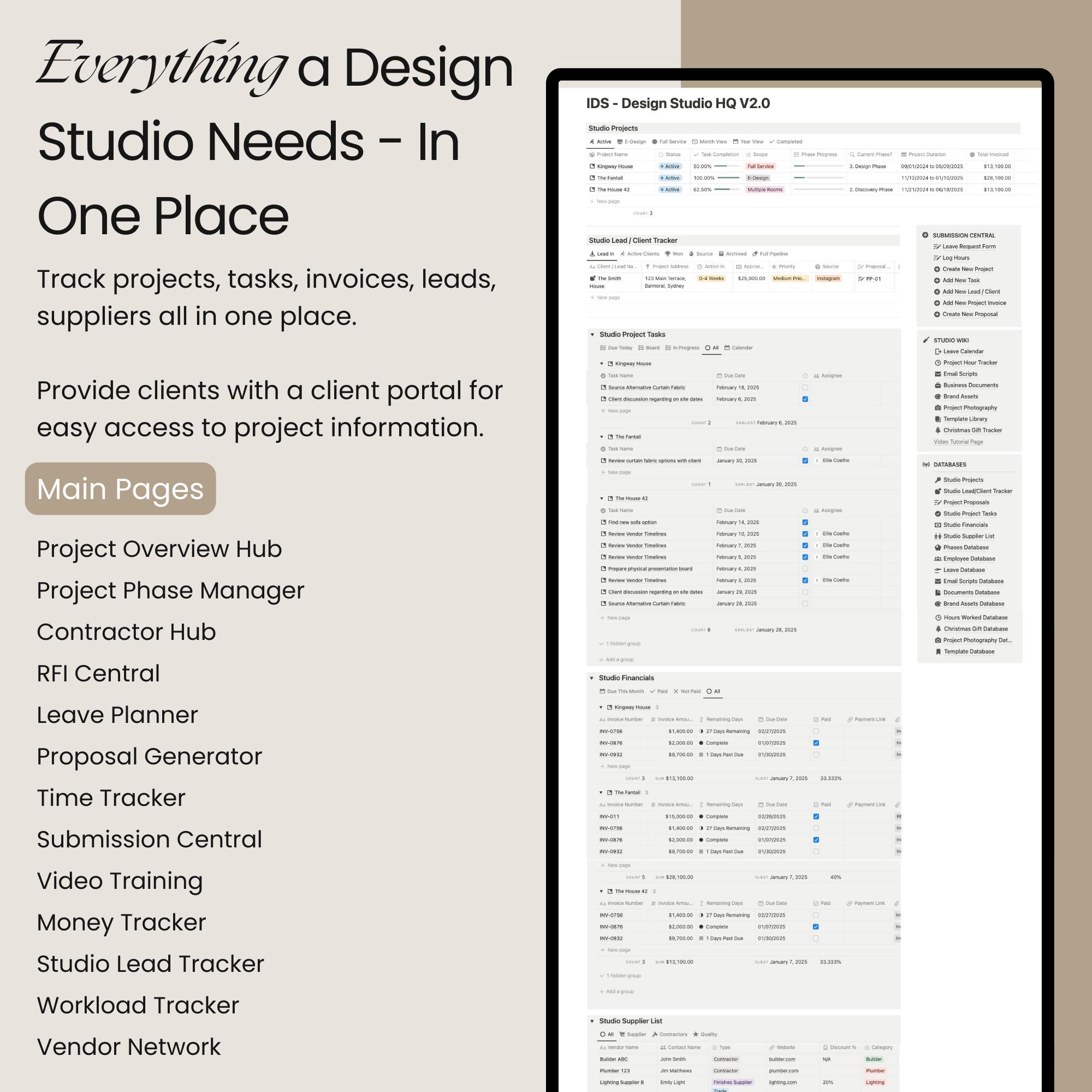 Interior Design Studio Notion Template, Client Project Tracker, FF&E ...