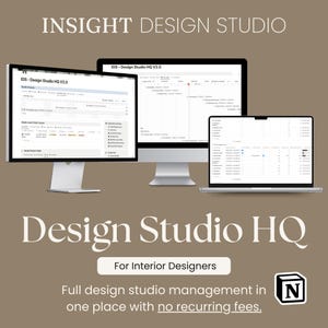 May include: Image showing three computer screens displaying a design studio interface. The text "INSIGHT DESIGN STUDIO" and "Design Studio HQ" are visible. The image also includes the text "For Interior Designers" and "Full design studio management in one place with no recurring fees."