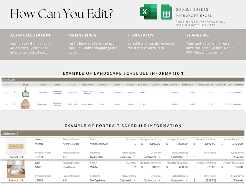 Home Renovation Google Sheets and Excel Product Specification Template ...