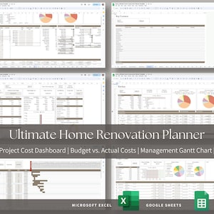 Könnte beinhalten: Ein digitaler Heimrenovierungsplaner mit Tabellenkalkulationen für Projektkosten, Budgetanalyse und Gantt-Diagramme. Kompatibel mit Microsoft Excel und Google Sheets, wie durch die Logos angezeigt. Der Titel lautet 'Ultimate Home Renovation Planner'.