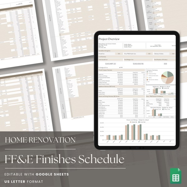 Home Renovation FF&E Finishes Schedule | Google Sheets Spreadsheet | Project Management | Budget Tracker | Furniture