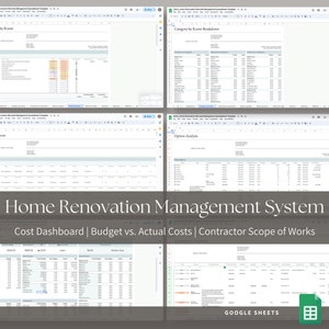 Full Home Renovation Remodel Management System Spreadsheet for Google Sheets - Finishes Specification, Contractor Quotes, Scope of Works