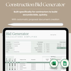 May include: A digital tablet displaying a Construction Bid Generator spreadsheet interface with fields for client details, cost analysis, and project tasks. The screen includes text headers, a white stylus, and green Excel and spreadsheet icons.