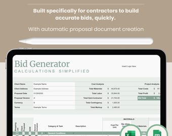 Calculatrice de générateur d'offres de construction Google Sheets Excel Builders Contractors Renovators Estimation de rénovation de bâtiment Proposition de budget