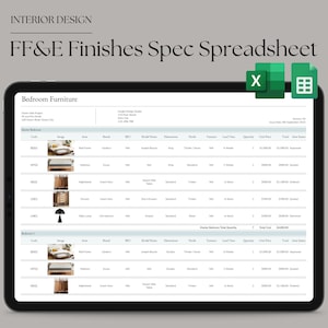 Puede incluir: Una captura de pantalla de una hoja de cálculo en la pantalla de una tableta. La hoja de cálculo se titula "FF&E Finishes Spec Spreadsheet" y enumera los artículos de mobiliario para un dormitorio. La hoja de cálculo incluye columnas para el código del artículo, la imagen, el artículo, la marca, el SKU, el nombre del modelo, las dimensiones, los detalles, la extensión, el plazo de entrega, la cantidad, el precio unitario, el precio total del artículo y el coste total del artículo. La hoja de cálculo está organizada por número de dormitorio.