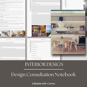 May include: A design consultation notebook with a rustic kitchen interior photo on the cover. The notebook is titled "Design Consultation Notebook" with the words "Interior Design" and "Editable with Canva" below the title.