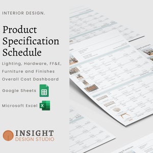 Interior Design Google Sheets Excel Product Specification Template, Finishes FF&E Furniture Schedule, E-Design Specification