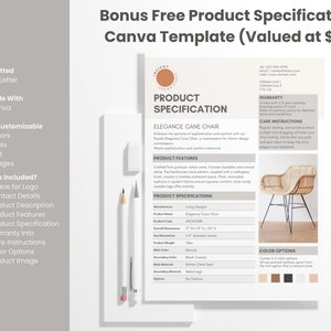 May include: A product specification template for a cane chair with a black metal frame and woven cane seat. The template includes product features, specifications, warranty information, care instructions, and color options. The template is designed for use with Canva and is valued at $8.