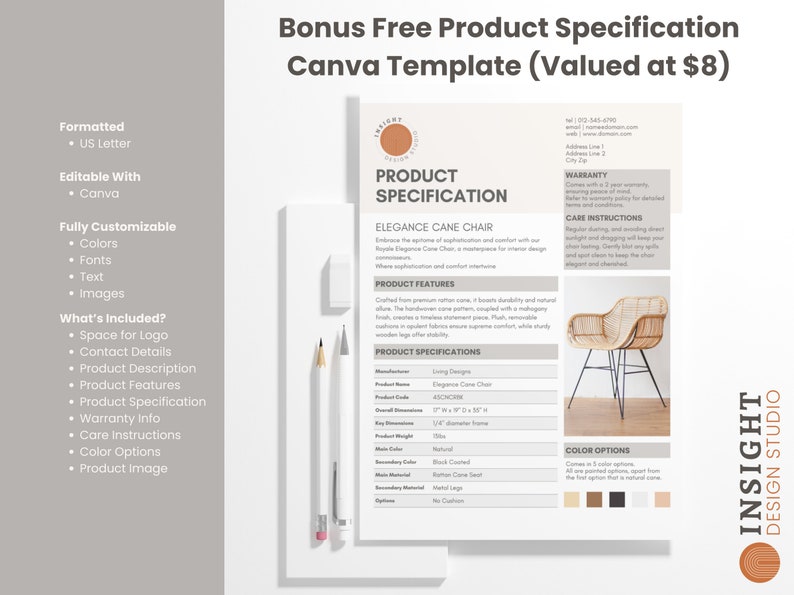 May include: A product specification template for a cane chair with a black metal frame and woven cane seat. The template includes product features, specifications, warranty information, care instructions, and color options. The template is designed for use with Canva and is valued at $8.