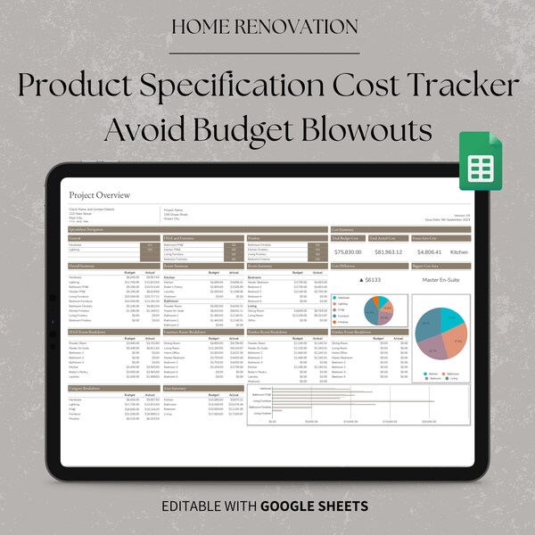 Home Renovation Google Sheets Product Specification Template, Finishes FF&E Furniture Schedule