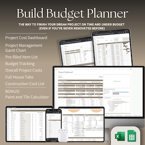 Könnte beinhalten: Ein Computerbildschirm zeigt eine Tabellenkalkulation mit dem Titel "Build Budget Planner" und dem Text "The way to finish your dream project on time and under budget (even if you've never renovated before)". Die Tabellenkalkulation enthält Abschnitte für das Projekt-Kosten-Dashboard, Projektmanagement, Gantt-Diagramm, vorgefüllte Artikelliste, Budgetverfolgung, Gesamtkosten des Projekts, vollständige Hausregisterkarten, Baukostenliste und Farb- und Fliesenrechner.