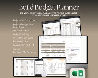 Build Budget Home Renovation Construction Planner, Excel Google Sheets, Project Management - Gantt - Spreadsheet, Finishes Schedule, DIY