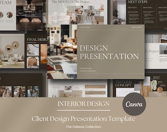 Présentation du design pour les architectes d'intérieur - moodboards, listes de courses, sélection des matériaux, finitions du tableau Canva Odessa Collection