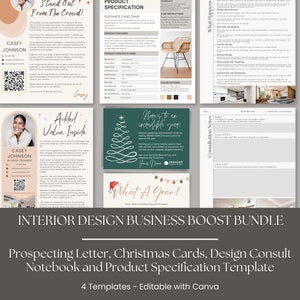 Puede incluir: Un conjunto de cuatro plantillas imprimibles para diseñadores de interiores. Las plantillas incluyen una carta de prospección, tarjetas de Navidad, un cuaderno de consulta de diseño y una plantilla de especificación de producto. Las plantillas son editables con Canva.