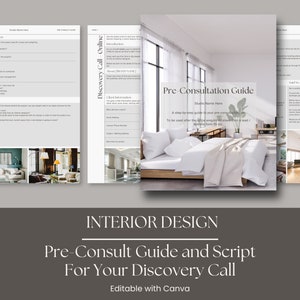 Può includere: Una guida per interior designer su come condurre una chiamata di scoperta pre-consulenza con i clienti. La guida include uno script e una guida passo passo per aiutarti a raccogliere informazioni da potenziali clienti. La guida è modificabile con Canva.