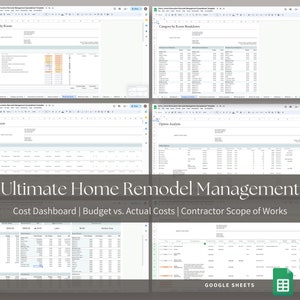 May include: A screenshot of a Google Sheets spreadsheet with the title "Ultimate Home Remodel Management". The spreadsheet is divided into four sections: "Works by Room", "Category by Room Breakdown", "Appliances", and "Option Analysis". Each section contains a table with columns for different aspects of home remodeling, such as budget, actual costs, and contractor scope of work.