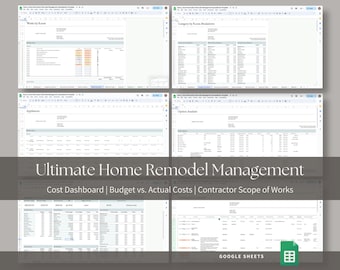 Full Home Renovation Remodel Management System Spreadsheet for Google Sheets - Finishes Specification, Contractor Quotes, Scope of Works