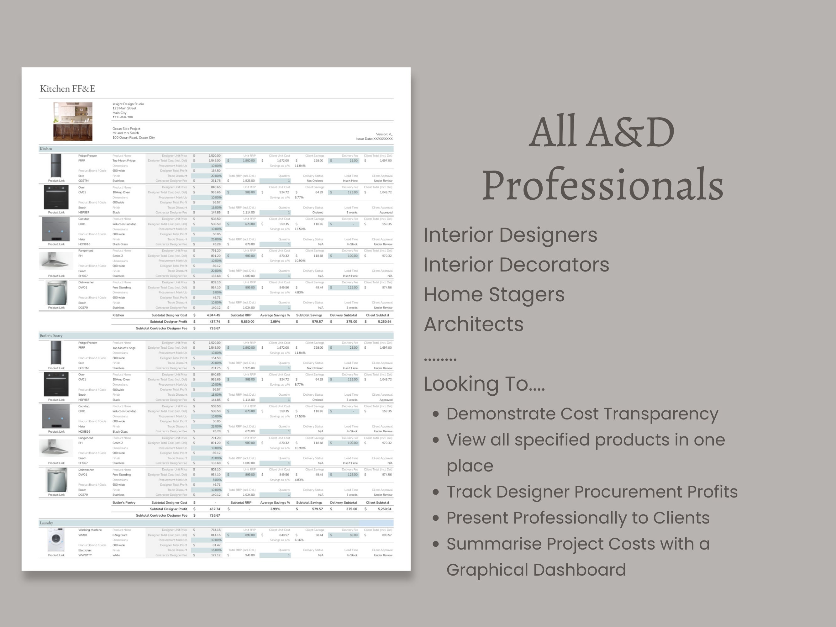 Interior Design Template FF&E Finishes Schedule, Procurement Fee Profit ...
