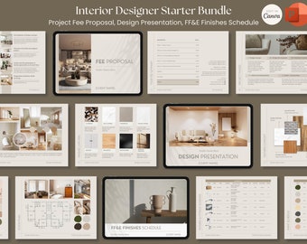 Pode incluir: Um pacote inicial para designers de interiores com o texto "Interior Designer Starter Bundle" e "Project Fee Proposal, Design Presentation, FF&E Finishes Schedule". Inclui apresentações de design, propostas de taxas e cronogramas de acabamentos.