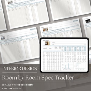 May include: A digital tablet displaying a spreadsheet with the title "Room by Room Spec Tracker". The spreadsheet is organized by room and includes columns for various design elements, such as furniture, finishes, and lighting. The spreadsheet is editable with Google Sheets and is in US Letter format.