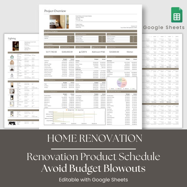 Home Renovation Google Sheets Product Specification Template, Finishes FF&E Furniture Schedule