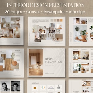 Design Presentation for Interior Designers - Moodboards,Shopping Lists,Material Selection, Finishes Board Canva Powerpoint Linden Collection