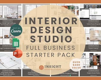 May include: A collage of digital templates for an interior design business starter pack. The templates are organized into categories such as "Pre Consult Guide and Script", "Design Consultation Notebook", "FF&E Furniture Equipment Finishes Schedule", "Room Project Tracker", and "Project Closure Packet". The templates are designed to be used with Canva, Notion, and Excel. The text "Interior Design Studio Full Business Starter Pack" is displayed in large, bold letters at the top of the collage. The text "Over $400 Value" is displayed in the lower right corner of the collage.